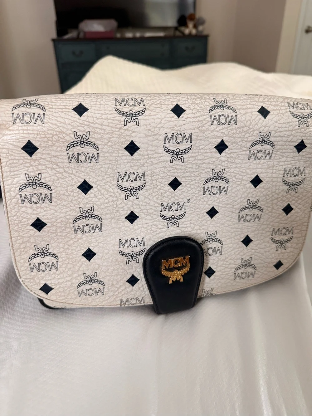 Vintage MCM White and Black Visetos Crossbody Bag